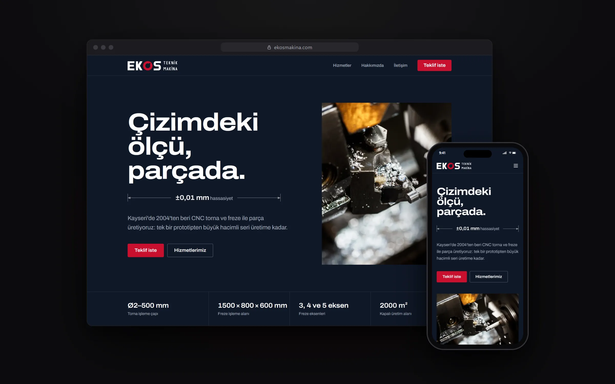 Ekos Teknik Makina ana sayfası masaüstünde ve telefonda: Çizimdeki ölçü, parçada başlığı ve ±0,01 mm ölçü çizgisi